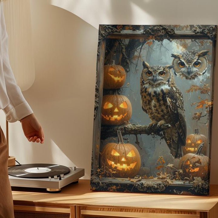 Gothic Owl & Jack-O'-Lantern Canvas – Mysterious Halloween Vignette Art - Gifitto