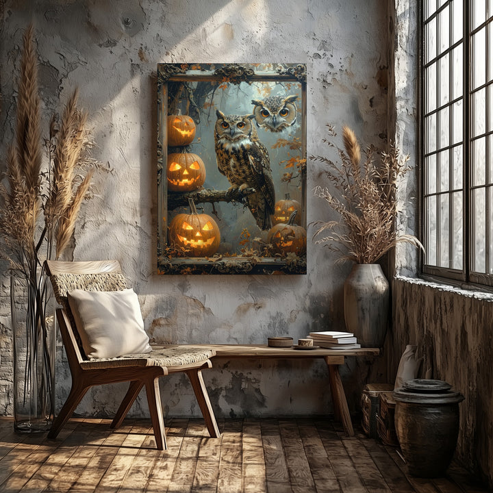 Gothic Owl & Jack-O'-Lantern Canvas – Mysterious Halloween Vignette Art - Gifitto