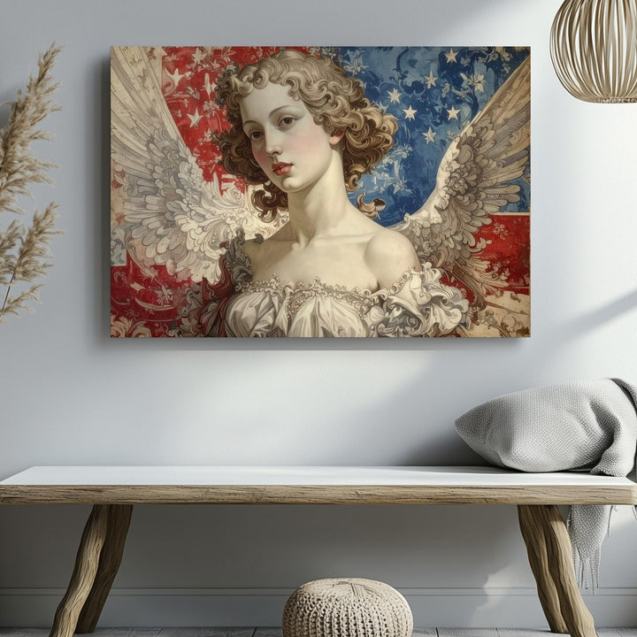 Cherub & Flag Burst Canvas – Vintage Patriotic Angelic Heritage Wall Art - Gifitto