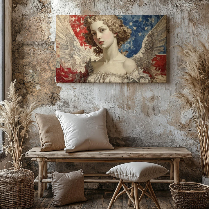 Cherub & Flag Burst Canvas – Vintage Patriotic Angelic Heritage Wall Art - Gifitto