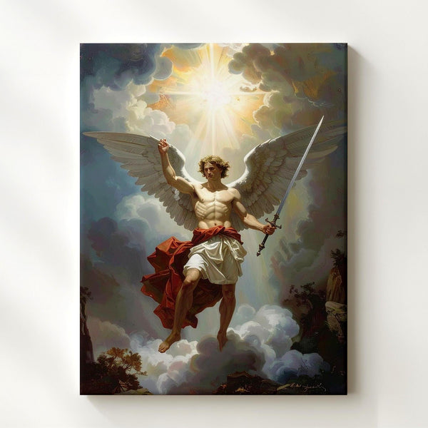 Heavenly Warrior Angel Canvas – Christian Wall Art of Divine Justice, Light, and Protection - Gifitto