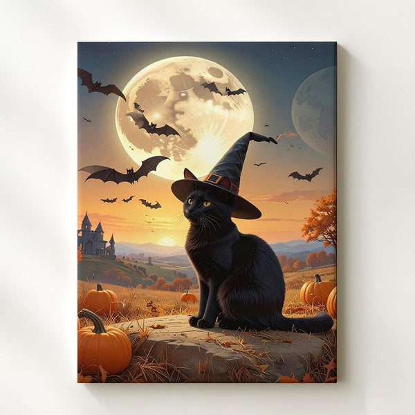 Gazing Black Cat & Moon Canvas – Serene Halloween Night Wall Art - Gifitto
