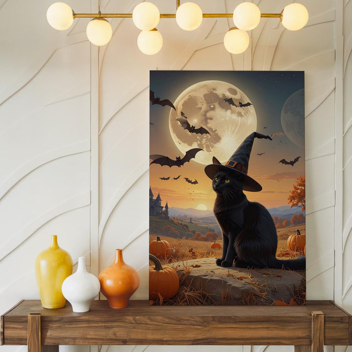 Gazing Black Cat & Moon Canvas – Serene Halloween Night Wall Art - Gifitto