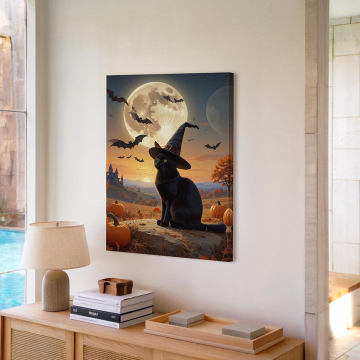 Gazing Black Cat & Moon Canvas – Serene Halloween Night Wall Art - Gifitto