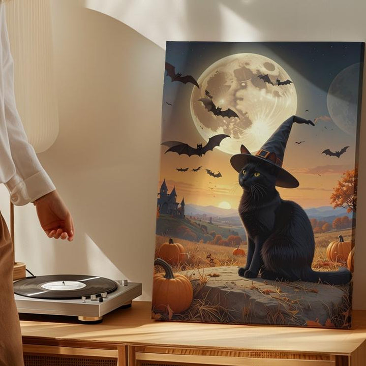 Gazing Black Cat & Moon Canvas – Serene Halloween Night Wall Art - Gifitto