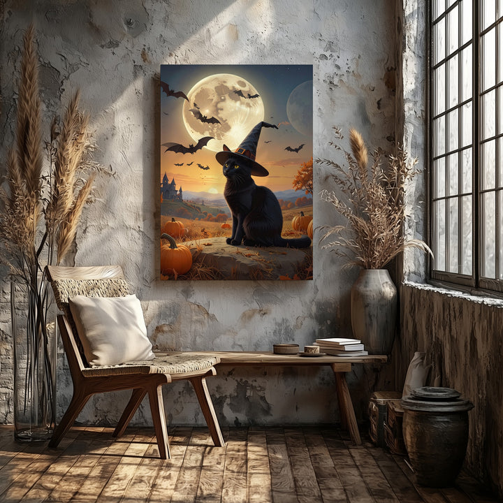Gazing Black Cat & Moon Canvas – Serene Halloween Night Wall Art - Gifitto