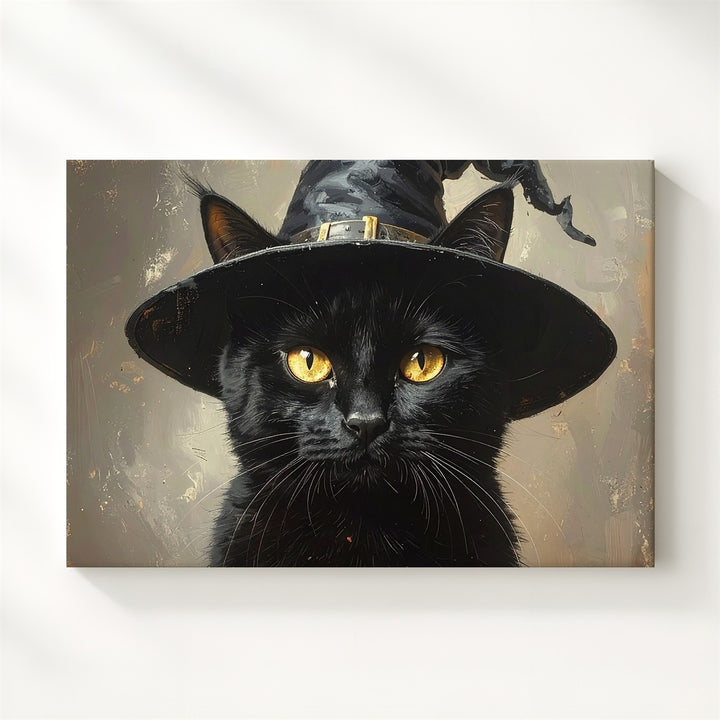 Enchanted Black Cat Portrait – Halloween Wall Art with Witch Hat & Magic Glow - Gifitto
