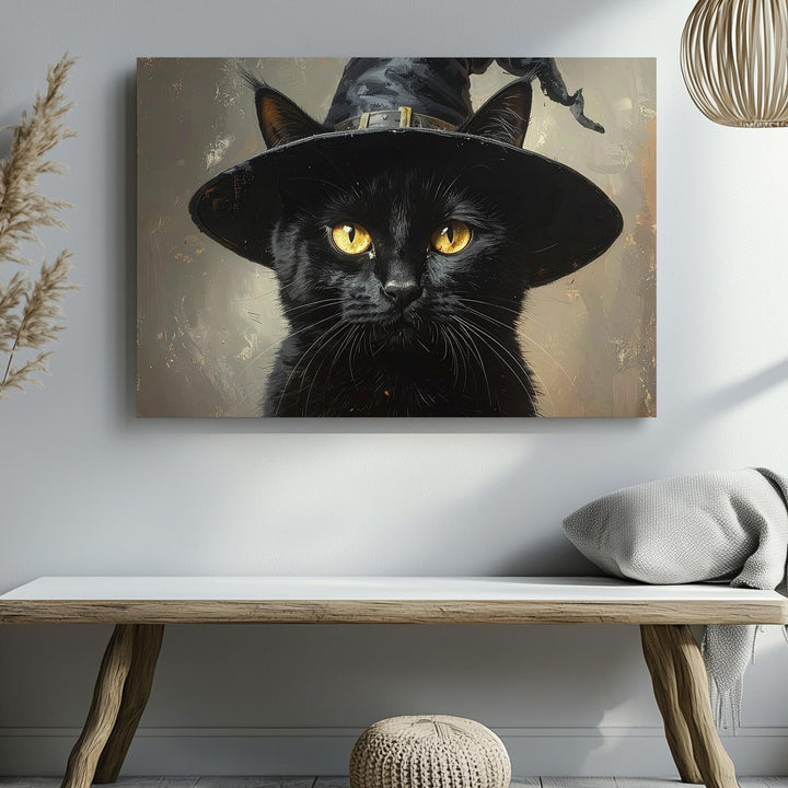 Enchanted Black Cat Portrait – Halloween Wall Art with Witch Hat & Magic Glow - Gifitto
