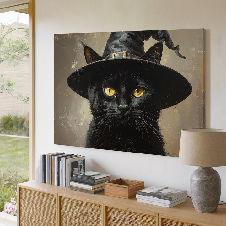 Enchanted Black Cat Portrait – Halloween Wall Art with Witch Hat & Magic Glow - Gifitto