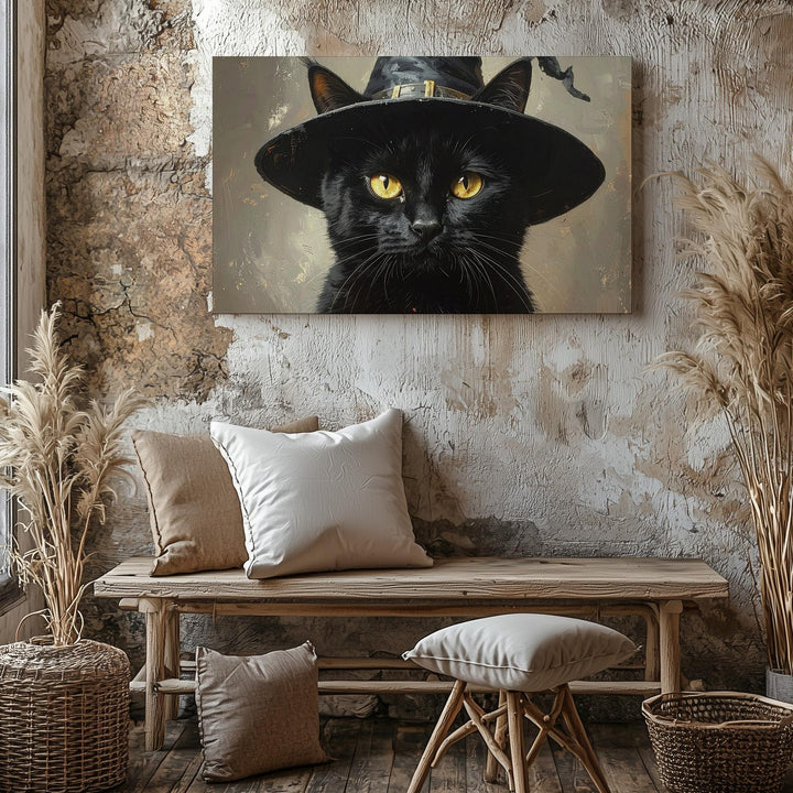 Enchanted Black Cat Portrait – Halloween Wall Art with Witch Hat & Magic Glow - Gifitto