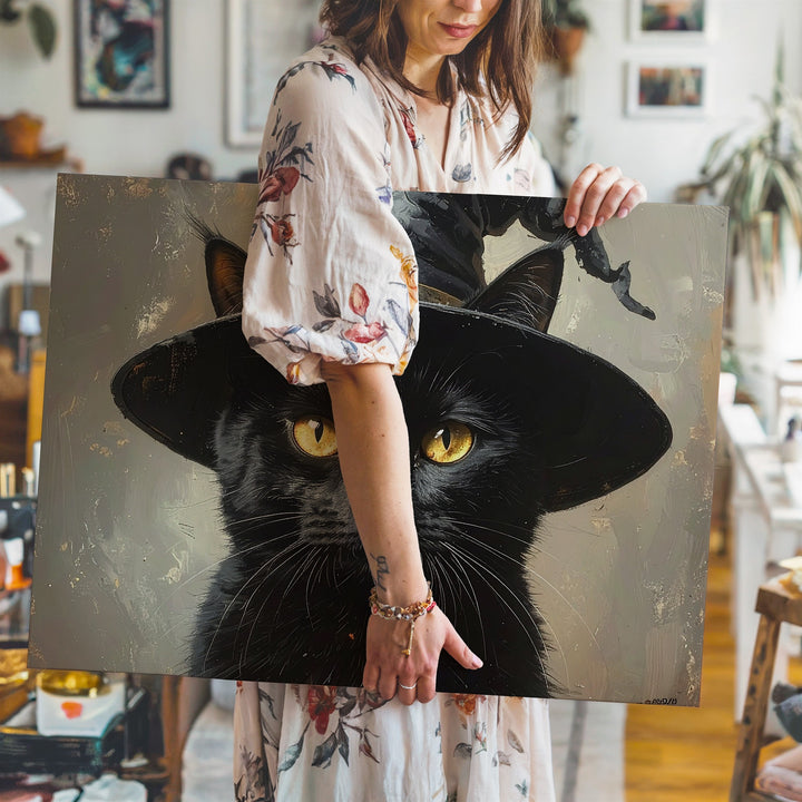 Enchanted Black Cat Portrait – Halloween Wall Art with Witch Hat & Magic Glow - Gifitto