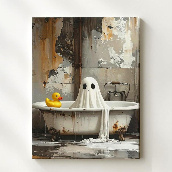 Dimly Lit Ghost & Duck Canvas – Quirky Abandoned Halloween Art - Gifitto
