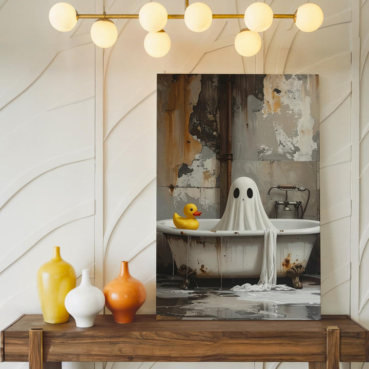 Dimly Lit Ghost & Duck Canvas – Quirky Abandoned Halloween Art - Gifitto
