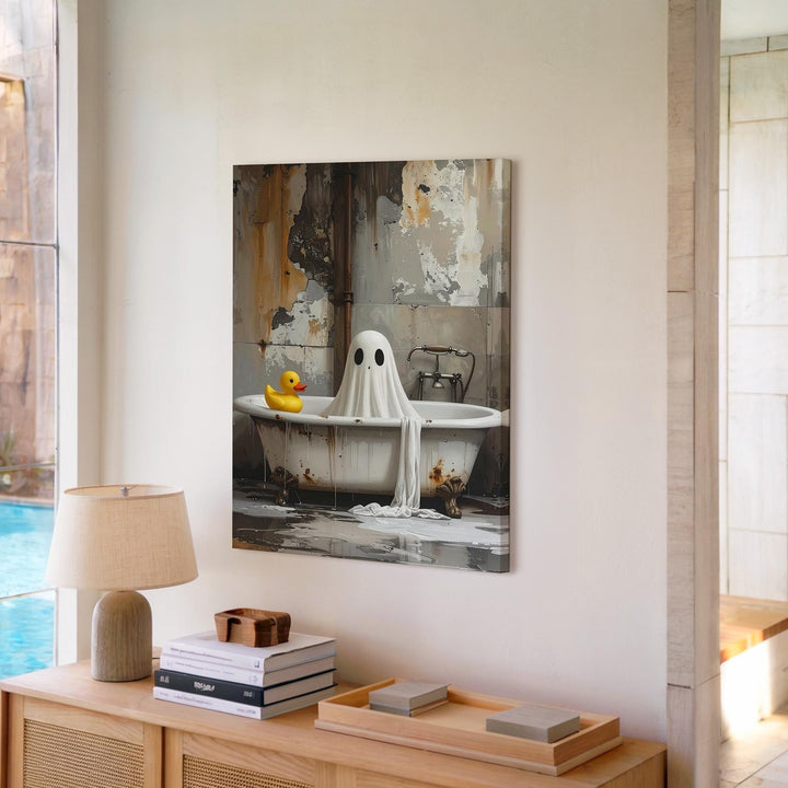 Dimly Lit Ghost & Duck Canvas – Quirky Abandoned Halloween Art - Gifitto