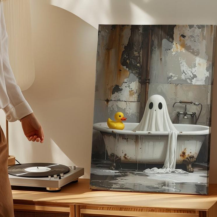 Dimly Lit Ghost & Duck Canvas – Quirky Abandoned Halloween Art - Gifitto