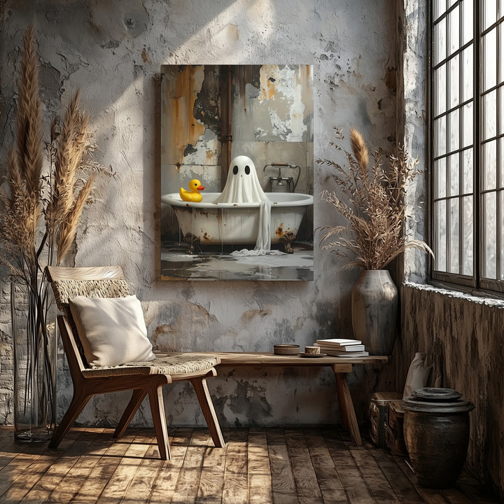 Dimly Lit Ghost & Duck Canvas – Quirky Abandoned Halloween Art - Gifitto