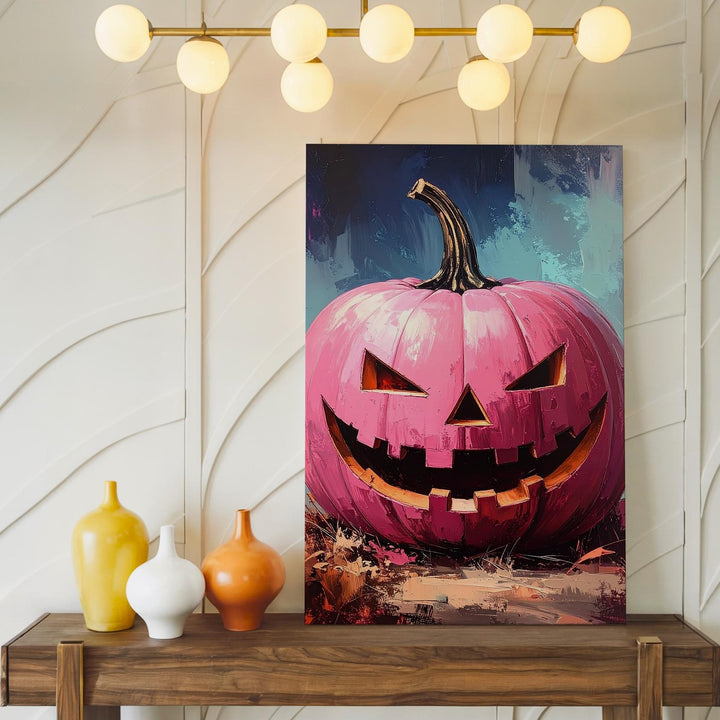 Playful Pink Jack-O’-Lantern Canvas – Cartoon-Style Halloween Wall Art - Gifitto