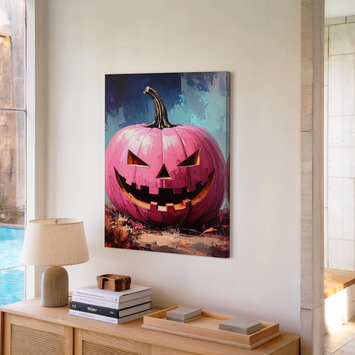 Playful Pink Jack-O’-Lantern Canvas – Cartoon-Style Halloween Wall Art - Gifitto