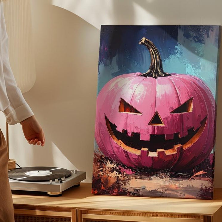 Playful Pink Jack-O’-Lantern Canvas – Cartoon-Style Halloween Wall Art - Gifitto