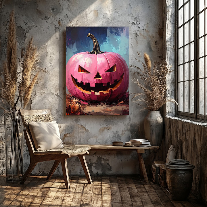 Playful Pink Jack-O’-Lantern Canvas – Cartoon-Style Halloween Wall Art - Gifitto