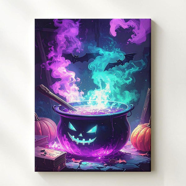 Enchanted Cauldron Canvas – Teal & Violet Magic with Bats and Shadows - Gifitto