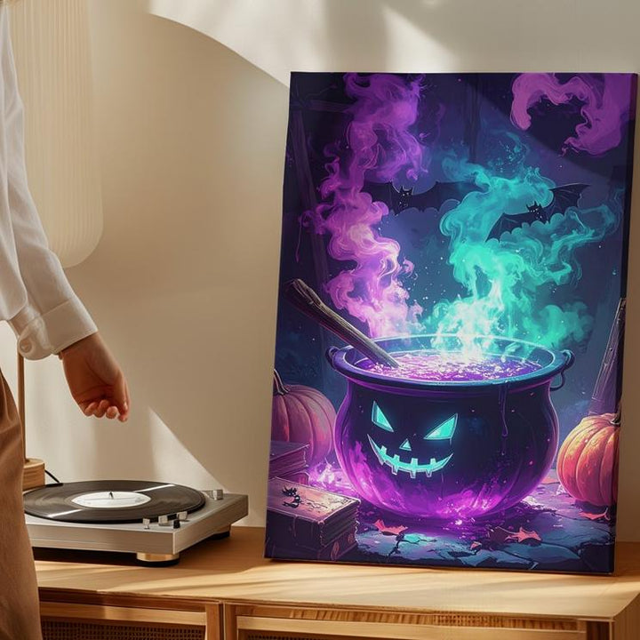 Enchanted Cauldron Canvas – Teal & Violet Magic with Bats and Shadows - Gifitto