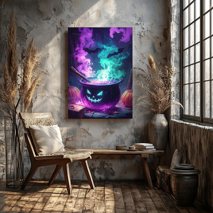 Enchanted Cauldron Canvas – Teal & Violet Magic with Bats and Shadows - Gifitto