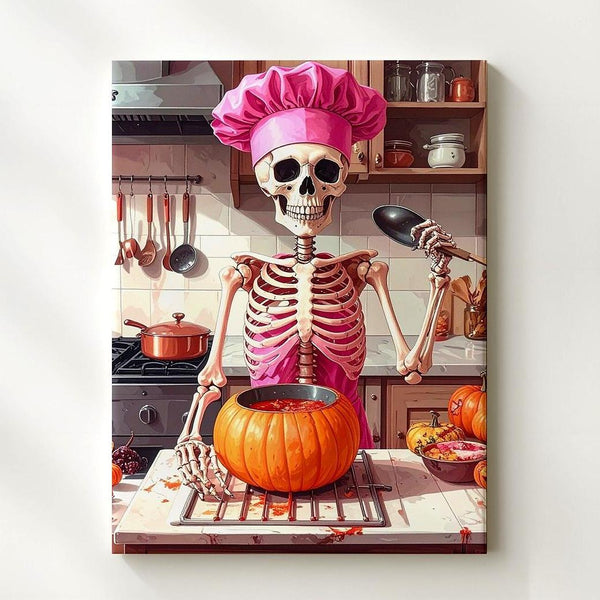 Skeleton Chef in Pink Canvas – Whimsical Halloween Kitchen Wall Art - Gifitto