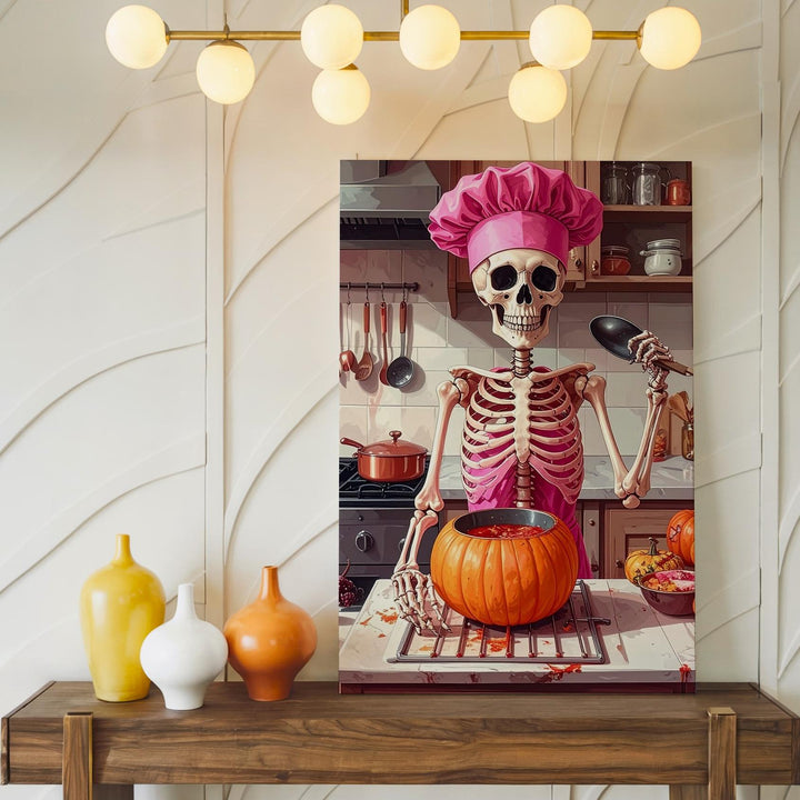 Skeleton Chef in Pink Canvas – Whimsical Halloween Kitchen Wall Art - Gifitto