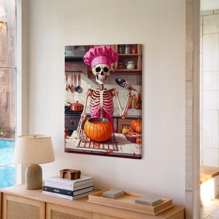 Skeleton Chef in Pink Canvas – Whimsical Halloween Kitchen Wall Art - Gifitto