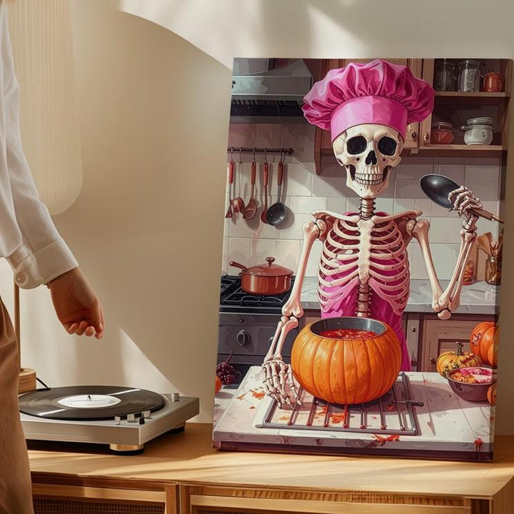 Skeleton Chef in Pink Canvas – Whimsical Halloween Kitchen Wall Art - Gifitto
