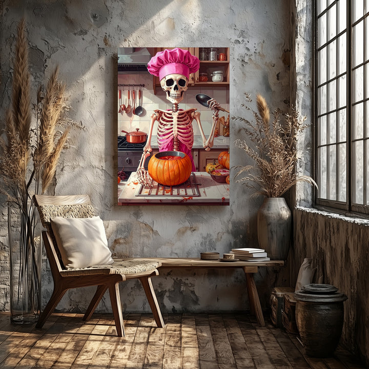 Skeleton Chef in Pink Canvas – Whimsical Halloween Kitchen Wall Art - Gifitto