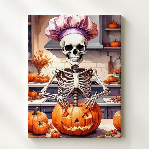 Pumpkin-Ready Skeleton Canvas – Cozy Halloween Kitchen with Undead Charm - Gifitto