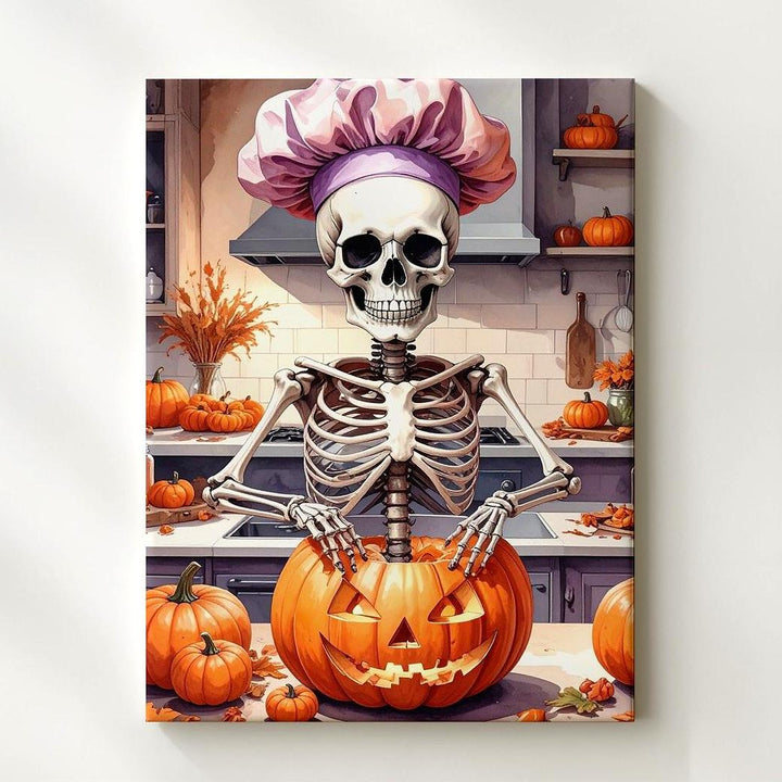 Pumpkin-Ready Skeleton Canvas – Cozy Halloween Kitchen with Undead Charm - Gifitto