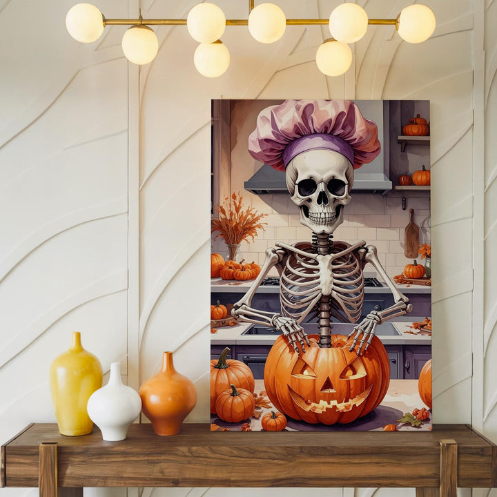 Pumpkin-Ready Skeleton Canvas – Cozy Halloween Kitchen with Undead Charm - Gifitto