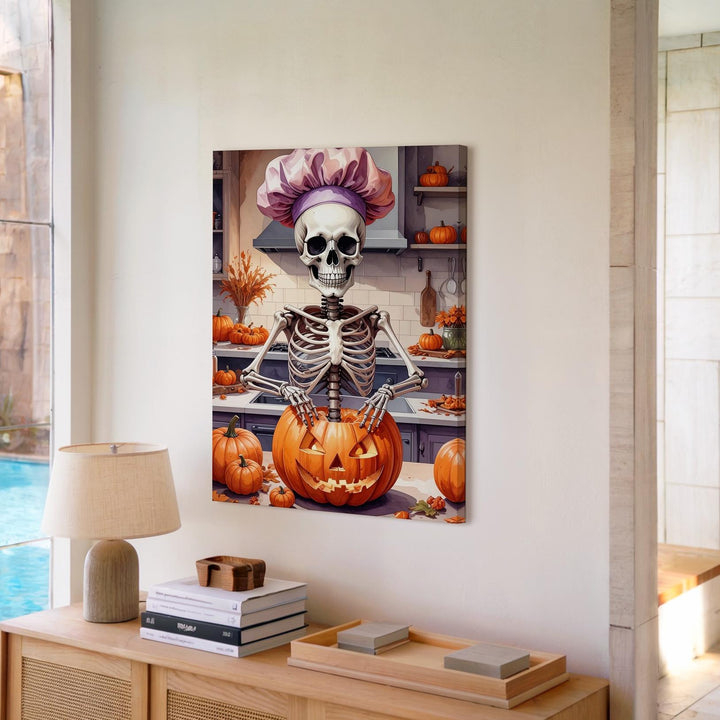 Pumpkin-Ready Skeleton Canvas – Cozy Halloween Kitchen with Undead Charm - Gifitto