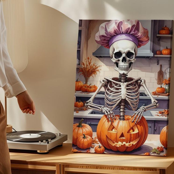 Pumpkin-Ready Skeleton Canvas – Cozy Halloween Kitchen with Undead Charm - Gifitto
