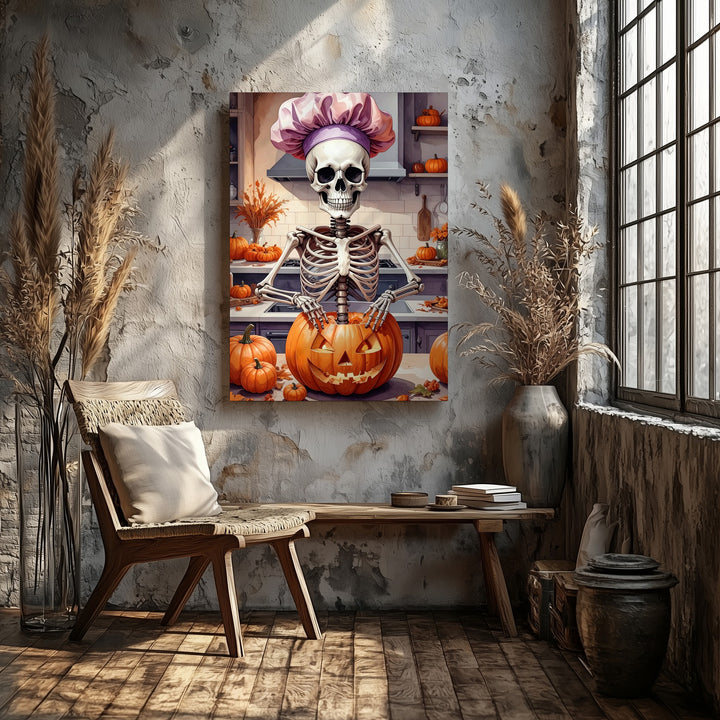 Pumpkin-Ready Skeleton Canvas – Cozy Halloween Kitchen with Undead Charm - Gifitto