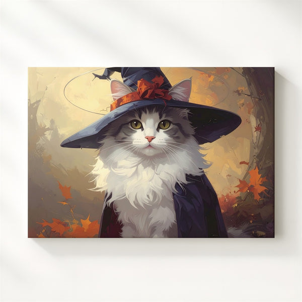 Halloween Witch Kitten Canvas – Fluffy Cat in Cape with Red Ribbon Hat - Gifitto