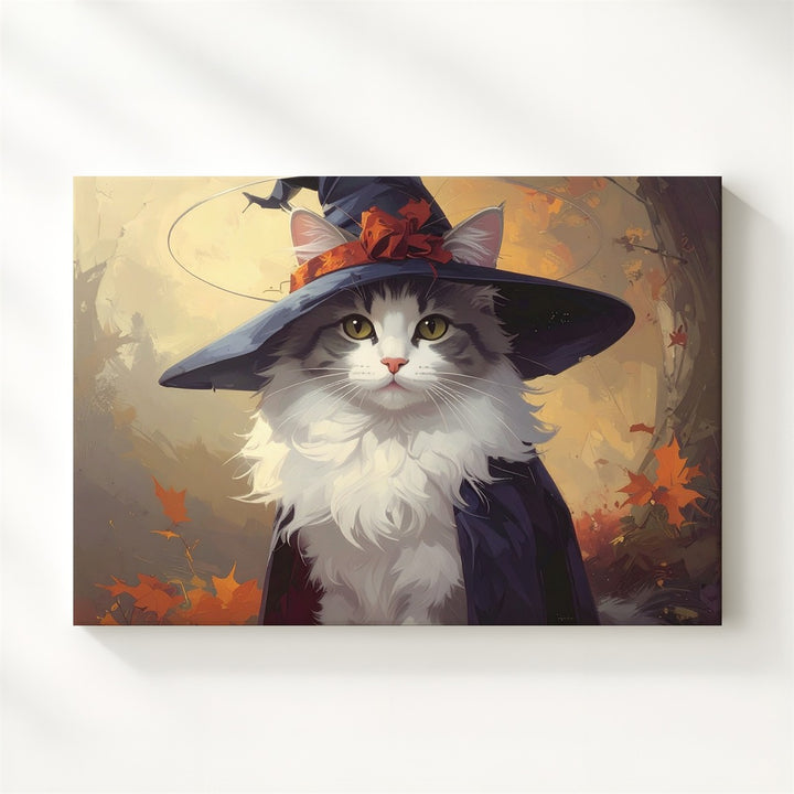 Halloween Witch Kitten Canvas – Fluffy Cat in Cape with Red Ribbon Hat - Gifitto