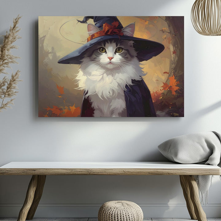 Halloween Witch Kitten Canvas – Fluffy Cat in Cape with Red Ribbon Hat - Gifitto