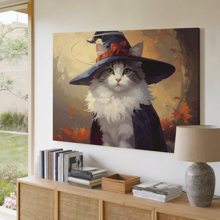 Halloween Witch Kitten Canvas – Fluffy Cat in Cape with Red Ribbon Hat - Gifitto