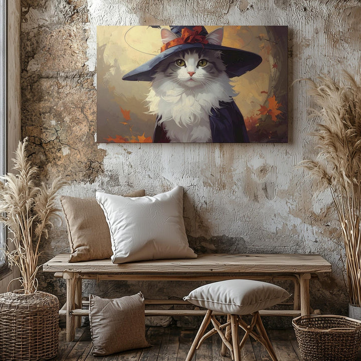 Halloween Witch Kitten Canvas – Fluffy Cat in Cape with Red Ribbon Hat - Gifitto