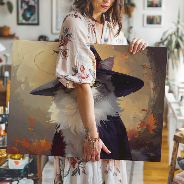 Halloween Witch Kitten Canvas – Fluffy Cat in Cape with Red Ribbon Hat - Gifitto