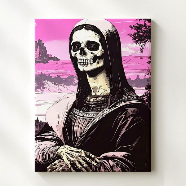 Skeletal Mona Lisa with Pink Sky – Elegant Halloween Art Reimagined - Gifitto