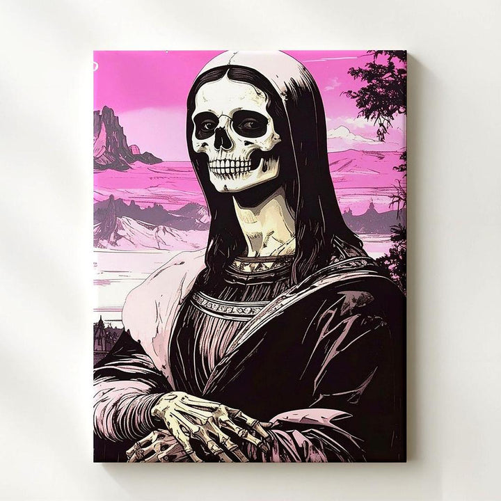 Skeletal Mona Lisa with Pink Sky – Elegant Halloween Art Reimagined - Gifitto