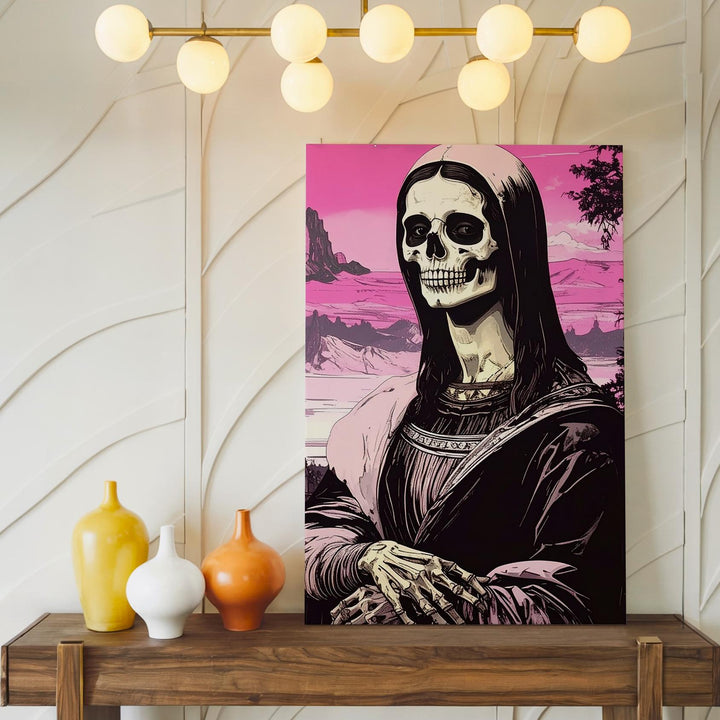 Skeletal Mona Lisa with Pink Sky – Elegant Halloween Art Reimagined - Gifitto