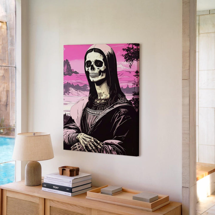 Skeletal Mona Lisa with Pink Sky – Elegant Halloween Art Reimagined - Gifitto