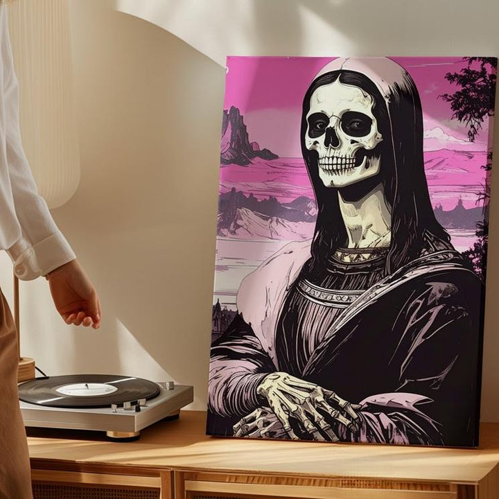 Skeletal Mona Lisa with Pink Sky – Elegant Halloween Art Reimagined - Gifitto