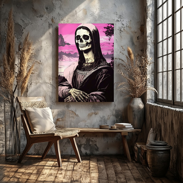 Skeletal Mona Lisa with Pink Sky – Elegant Halloween Art Reimagined - Gifitto